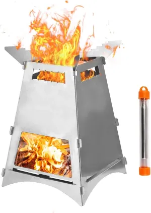 Camping Stove Stainless Steel Wood Burning Stove Lightweight Folding Pocket Stove with Backup Alcohol Burner