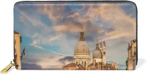Canal in Venice Italy Leather Long Wallet Organizer with Zipper Purse Clutch Bag for Women Men