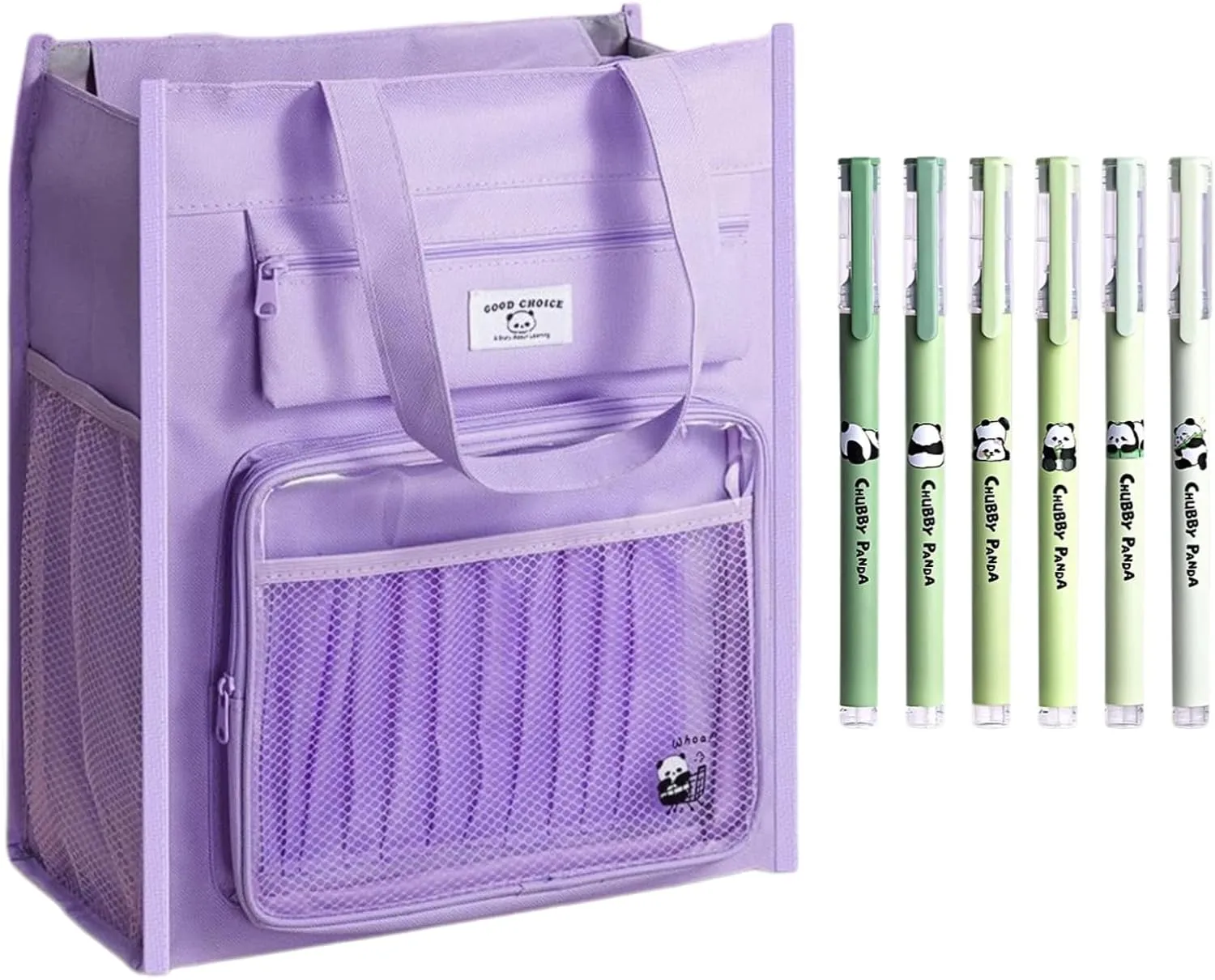 Canvas Tote Bag Cute Panda Print Multipocket Handbag with Compartments   5 Pens (3-Purple)