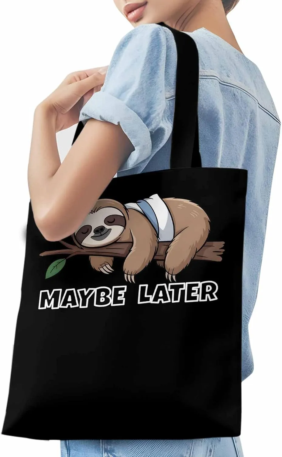 Canvas Tote Bag Cute Sloth Animal Reusable Grocery Shopping Bags with Handle, Maybe Later Quote Large Canvas