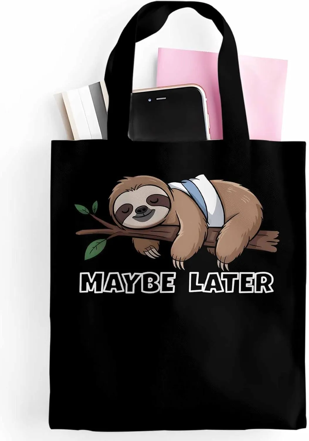 Canvas Tote Bag Cute Sloth Animal Reusable Grocery Shopping Bags with Handle, Maybe Later Quote Large Canvas