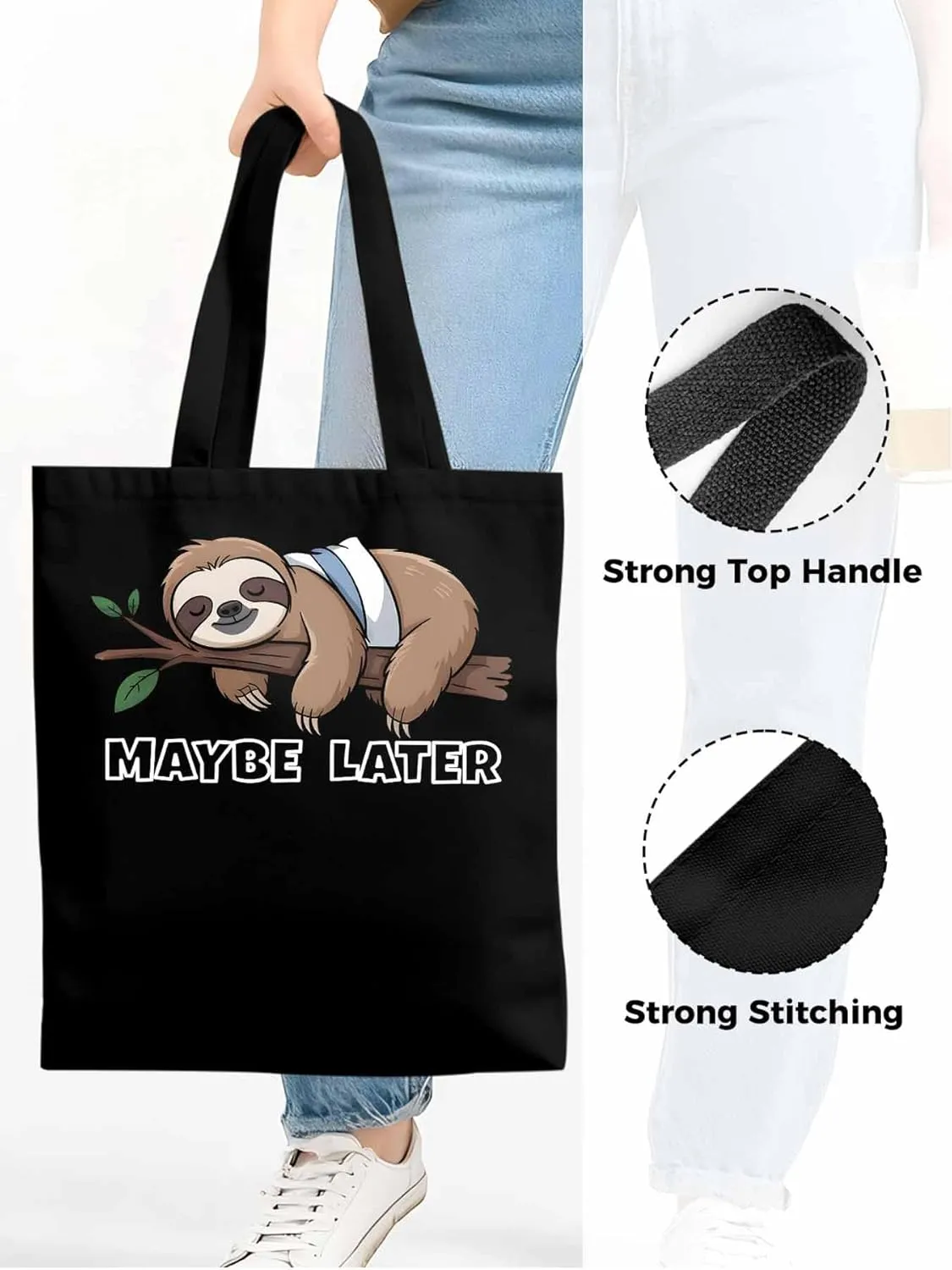 Canvas Tote Bag Cute Sloth Animal Reusable Grocery Shopping Bags with Handle, Maybe Later Quote Large Canvas