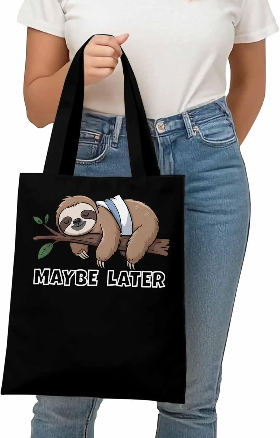 Canvas Tote Bag Cute Sloth Animal Reusable Grocery Shopping Bags with Handle, Maybe Later Quote Large Canvas