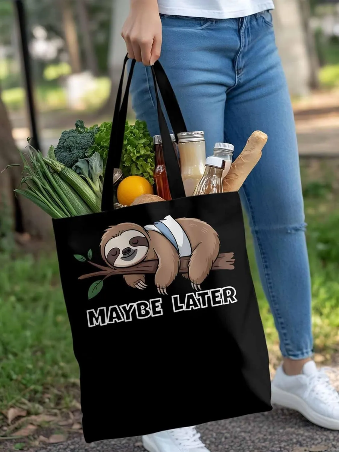 Canvas Tote Bag Cute Sloth Animal Reusable Grocery Shopping Bags with Handle, Maybe Later Quote Large Canvas