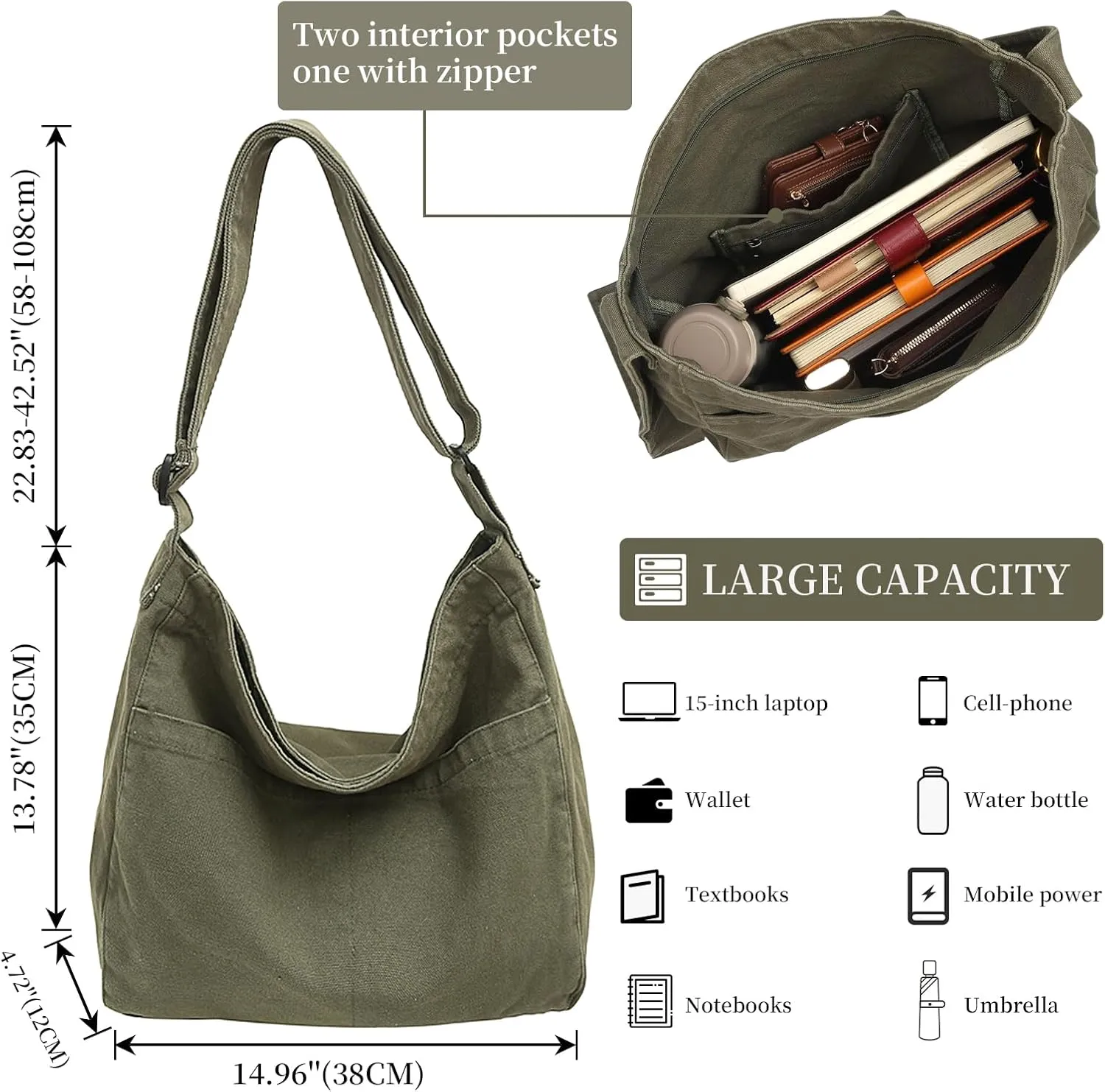 Canvas Tote Bag Large Crossbody Hobo Bag for Women and Men Messenger Bags Shoulder Handbag Casual Purse Travel Work