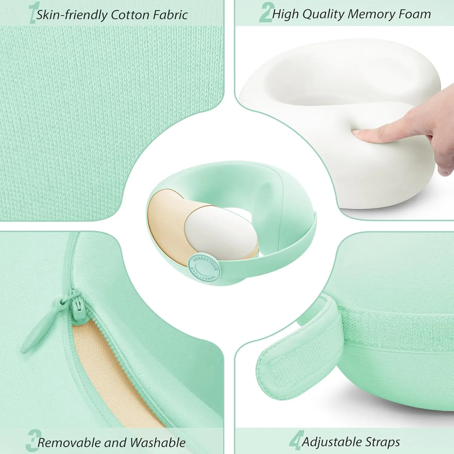 Car Pillow for Little Kids Travel Neck Pillows, Memory Foam Neck Support Travelling Pillow with Washable Cotton Pillowcases and Storage Bag, for Airplane, Train, Flight and Home Use Green