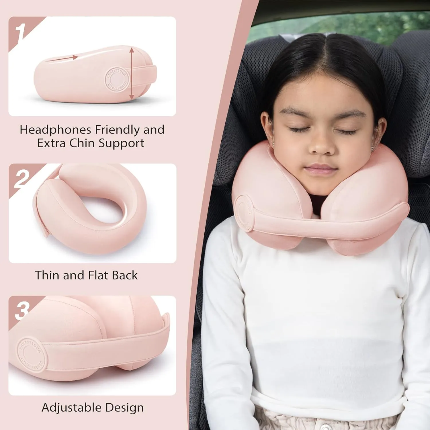 Car Pillow for Little Kids Travel Neck Pillows, Memory Foam Neck Support Travelling Pillow with Washable Cotton Pillowcases and Storage Bag, for Airplane, Train, Flight and Home Use Pink