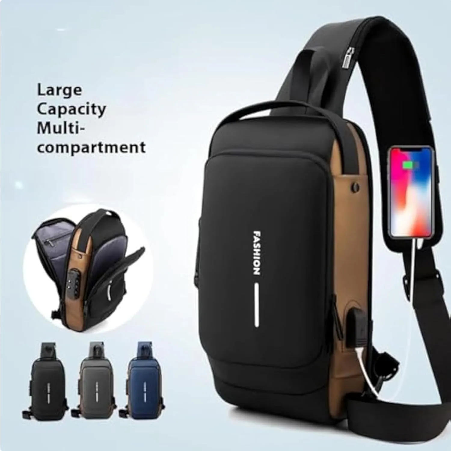 Carbon Fiber Streamline Anti-theft Sling Bag, USB Charging Sport Sling, Sport Waterproof Shoulder Bag, for Travel Gym Sports (black brown)