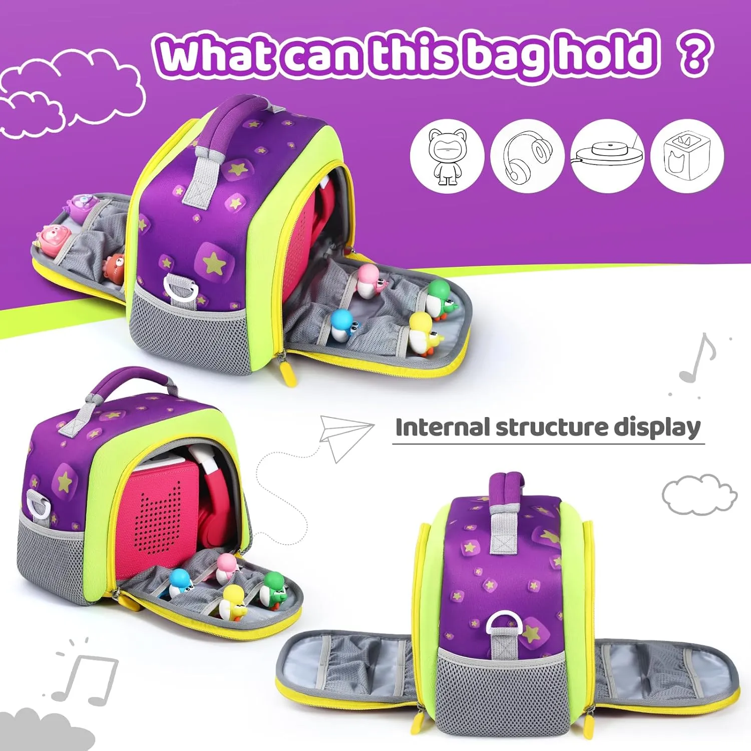 Carrying Bag Compatible with Toniebox Starter Set and Tonies Figurines, Kids Toys Storage Case with Handle and Shoulder Strap for Tonies Box, Detachable Bag for Toniebox Accessories