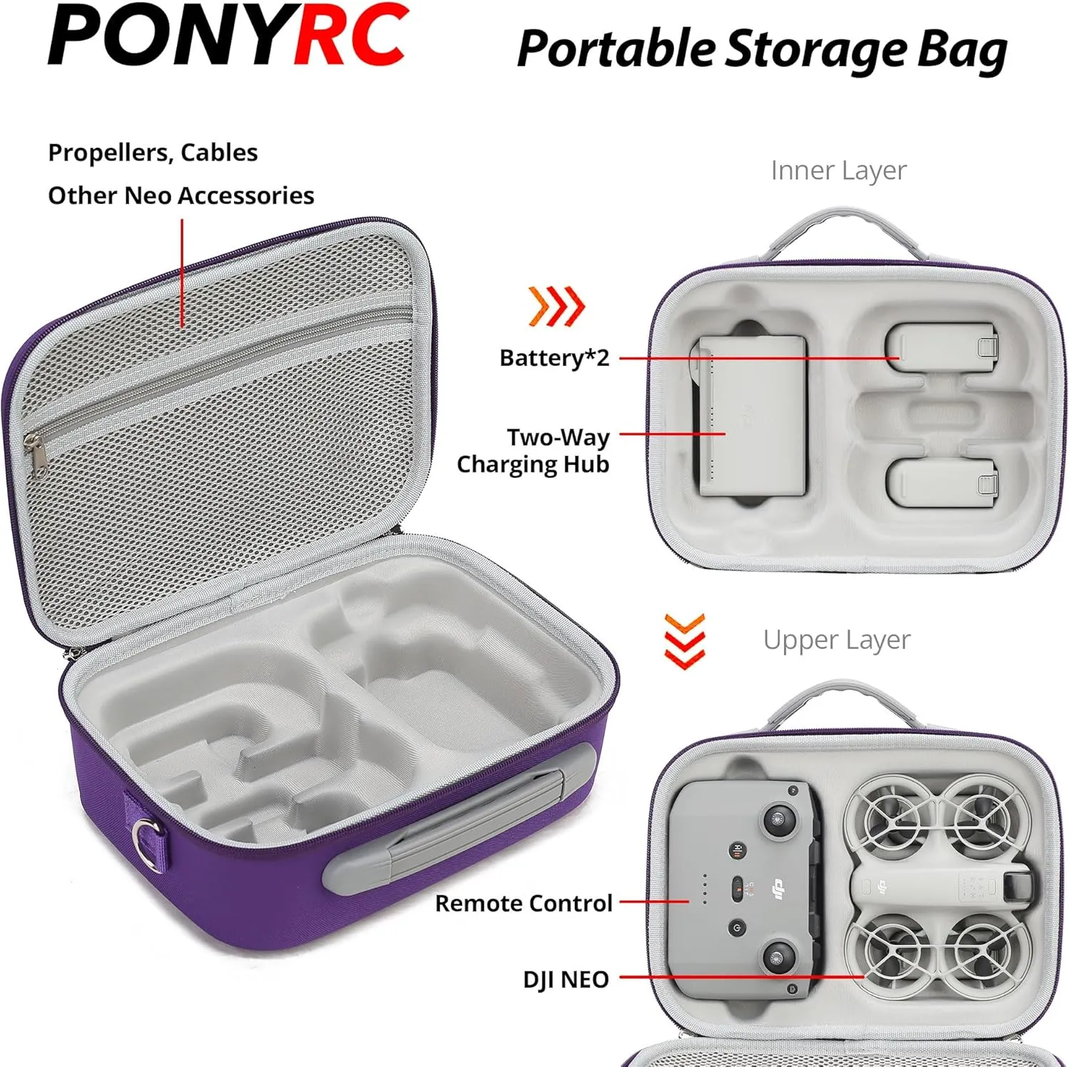 Carrying Case for DJI Neo Combo, Portable Storage Bag Travel Case for DJI Neo Combo, Compatible with RC-N3/N2 Remote Controller, Neo Battery, Charging Hub and other Accessories, Purple