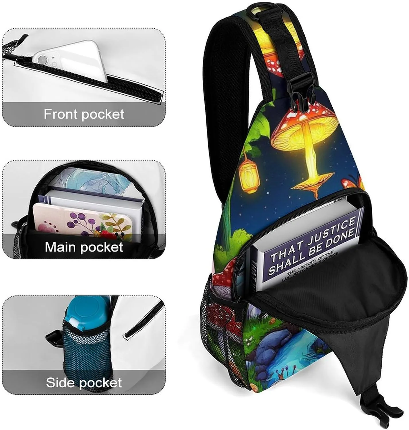 Casual Crossbody Bag for Women, Large Capacity Sling Chest Bag Mushroom Trippy Magic Butterfly Art Gym Shoulder Daypack for Hiking Travel Sport