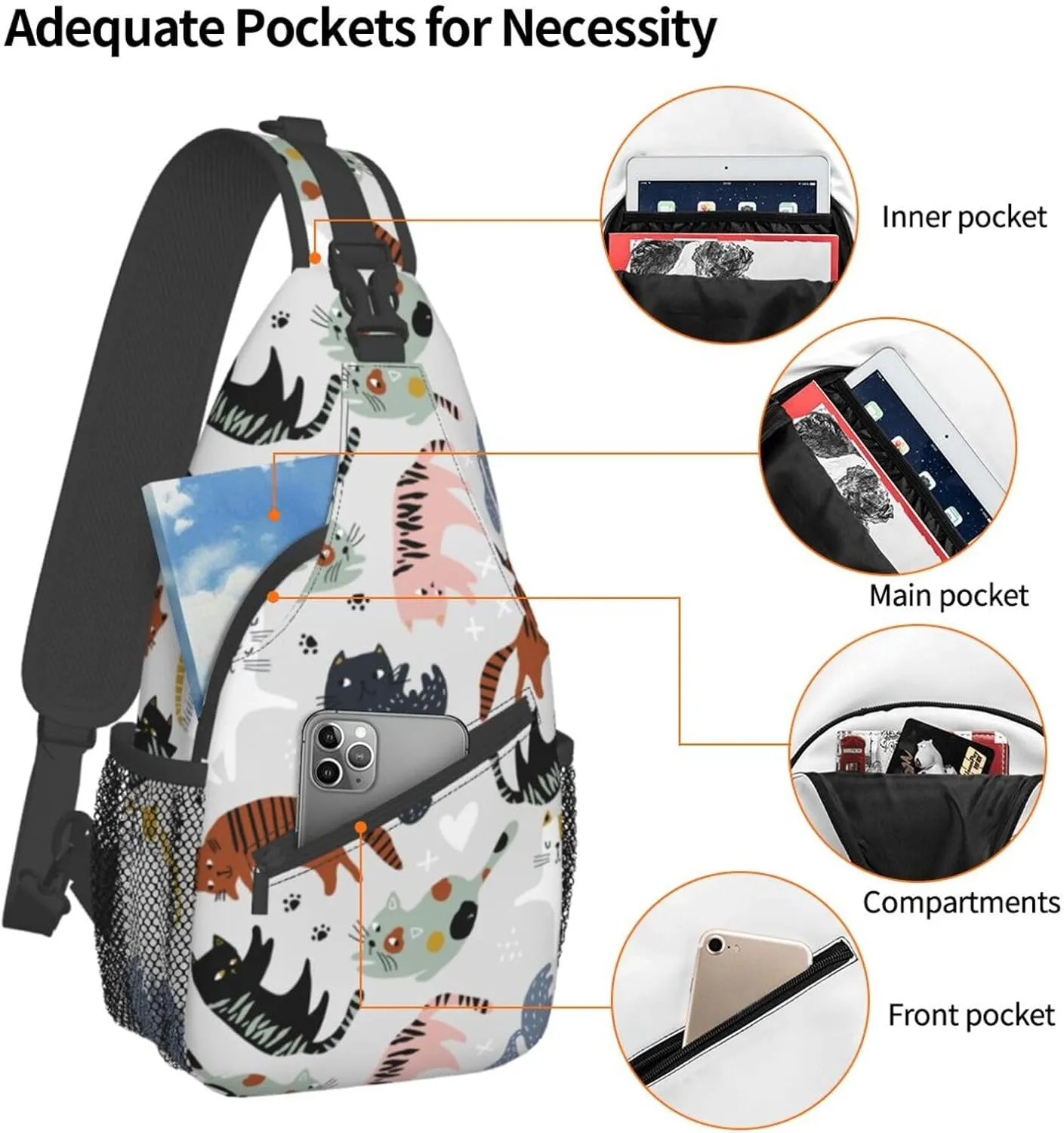 Cats Kittens Sling Bag for Women Men Crossbody Backpack Travel Hiking Daypack Chest Shoulder Bag with Adjustable Strap