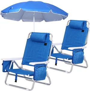 CDEN Backpack Beach Chair, Sand Chair, Beach Chairs for Adults, 7-Position Reclining, with Cooler and Umbrella, Cup Holder Outdoor, Camping, BBQ, Travel, Picnic (2 Pack)