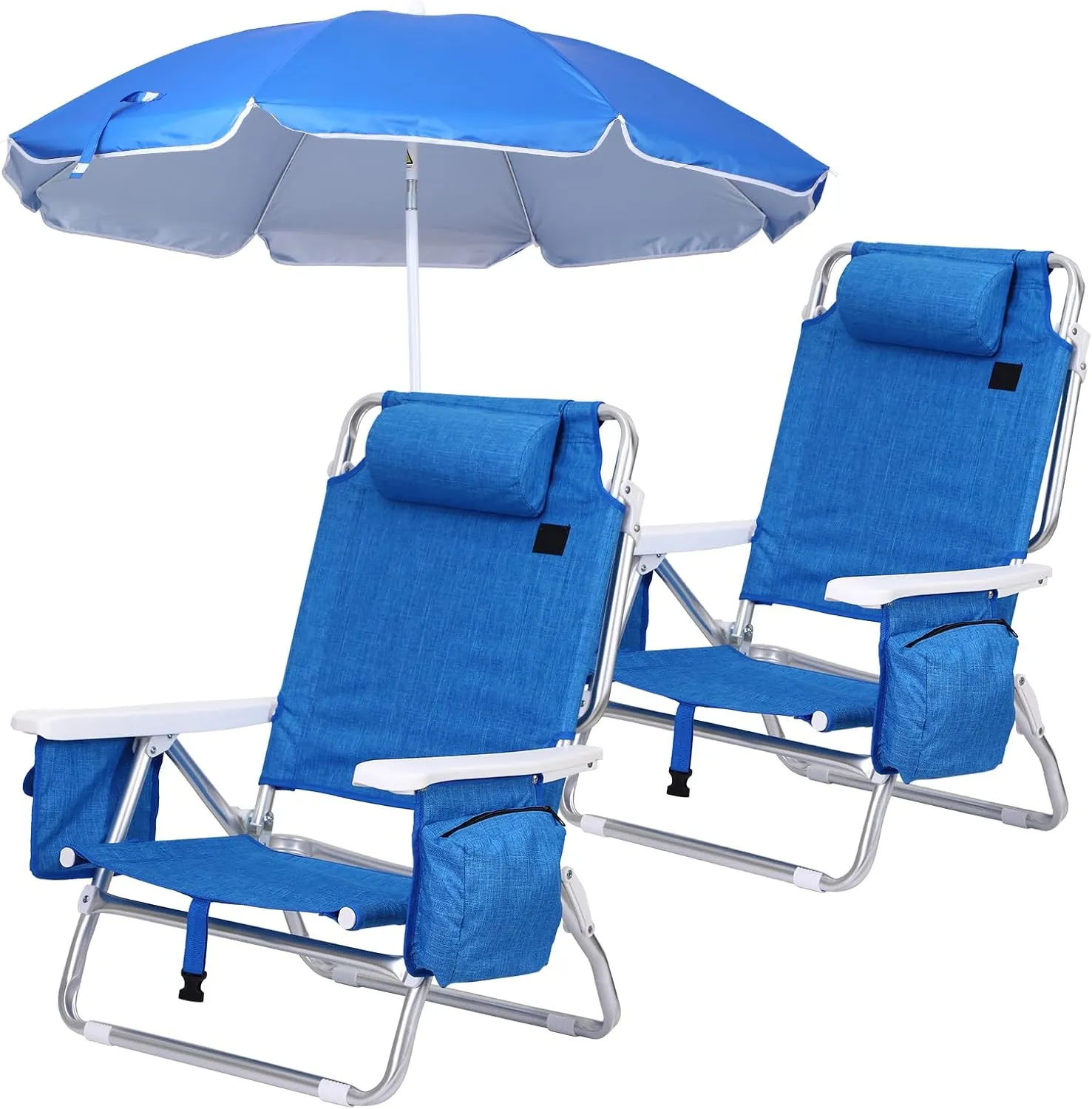 CDEN Backpack Beach Chair, Sand Chair, Beach Chairs for Adults, 7-Position Reclining, with Cooler and Umbrella, Cup Holder Outdoor, Camping, BBQ, Travel, Picnic (2 Pack)