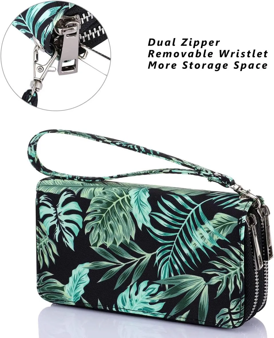 Cellphone Wallet for Women Dual Zipper Long Purse with Removable Wristlet
