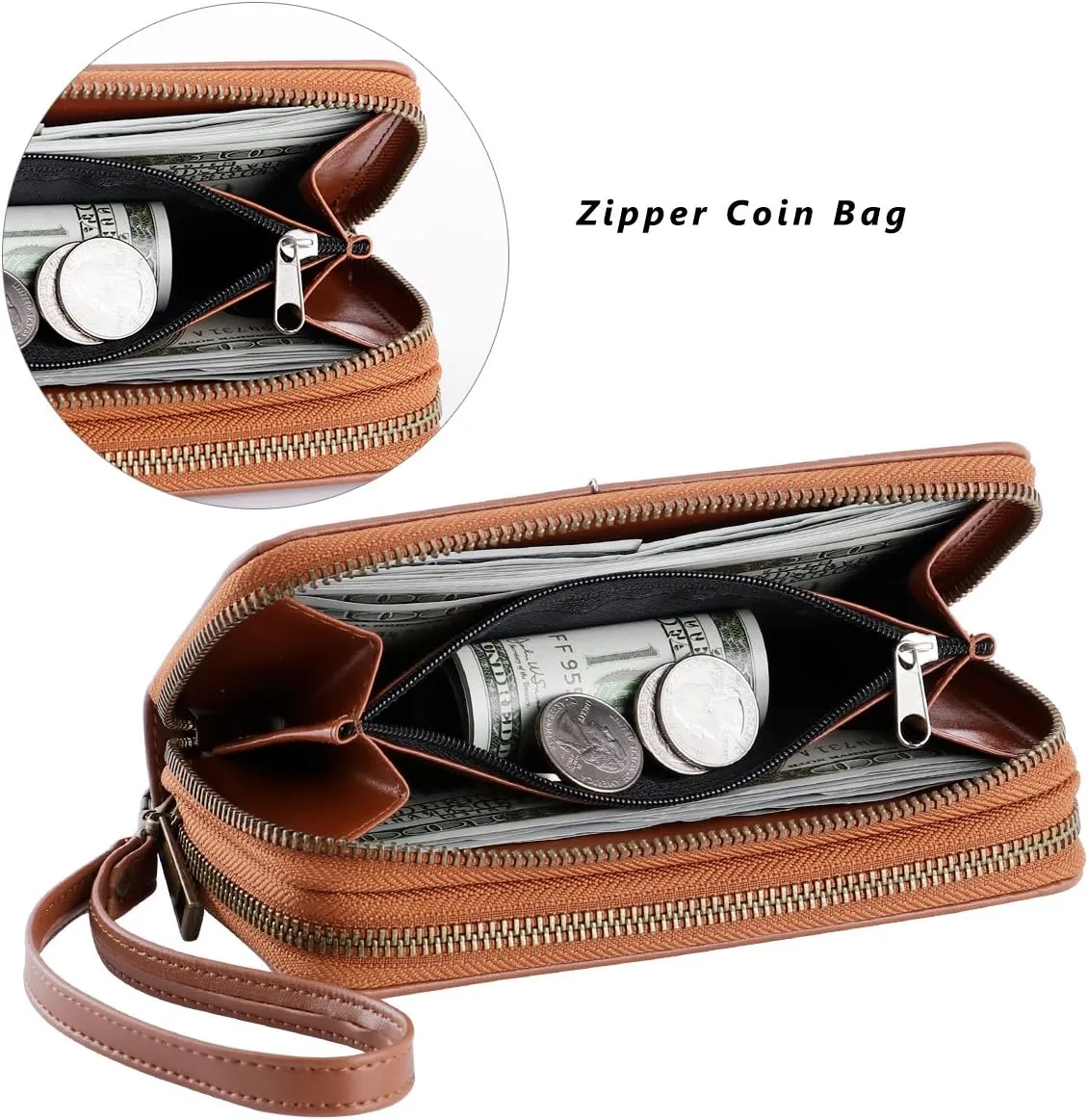 Cellphone Wallet for Women Dual Zipper Long Purse with Removable Wristlet