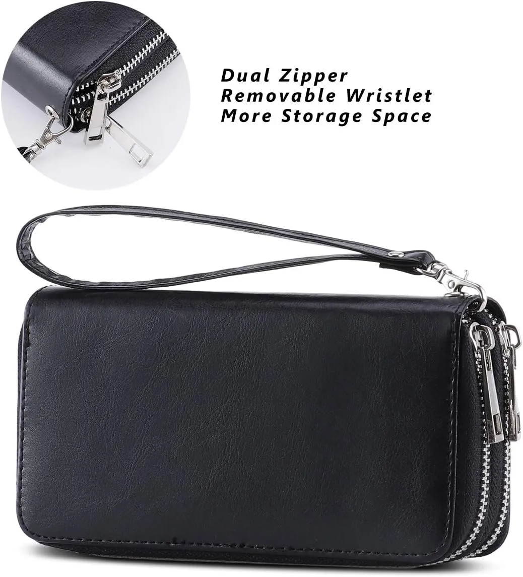 Cellphone Wallet for Women Dual Zipper Long Purse with Removable Wristlet