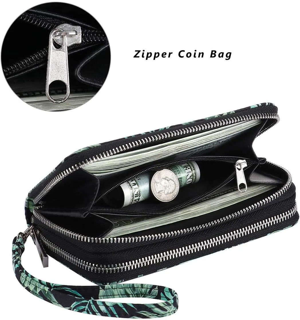 Cellphone Wallet for Women Dual Zipper Long Purse with Removable Wristlet