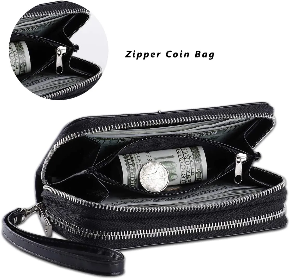 Cellphone Wallet for Women Dual Zipper Long Purse with Removable Wristlet