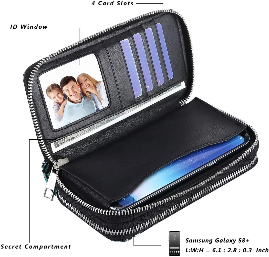 Cellphone Wallet for Women Dual Zipper Long Purse with Removable Wristlet