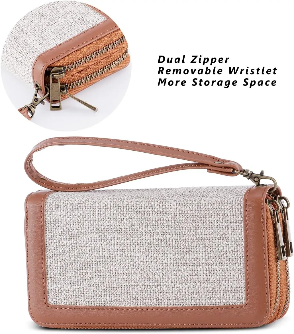 Cellphone Wallet for Women Dual Zipper Long Purse with Removable Wristlet
