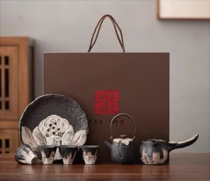 Ceramic Japanese tea sets, adult tea sets, gift box packaging, gifts for offices and families (black1)
