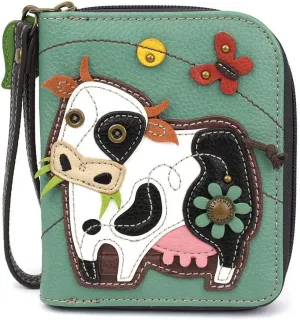Chala Group Handbags Cow Zip-Around Wallet/Wristlet Cow Collectors, Teal, 5" x 6" x 1"
