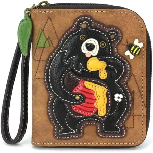 CHALA Zip Around Wallet, Wristlet, 8 Credit Card Slots, Sturdy Pu Leather - Black Bear - brown