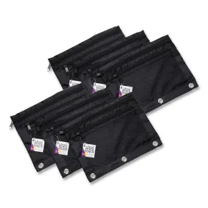 Charles Leonard® Two-Pocket Binder-Insertable Pencil Pouch with Mesh Front, 2 Compartments, 3-Hole Punched, 11" x 9", Black, 6/Pack