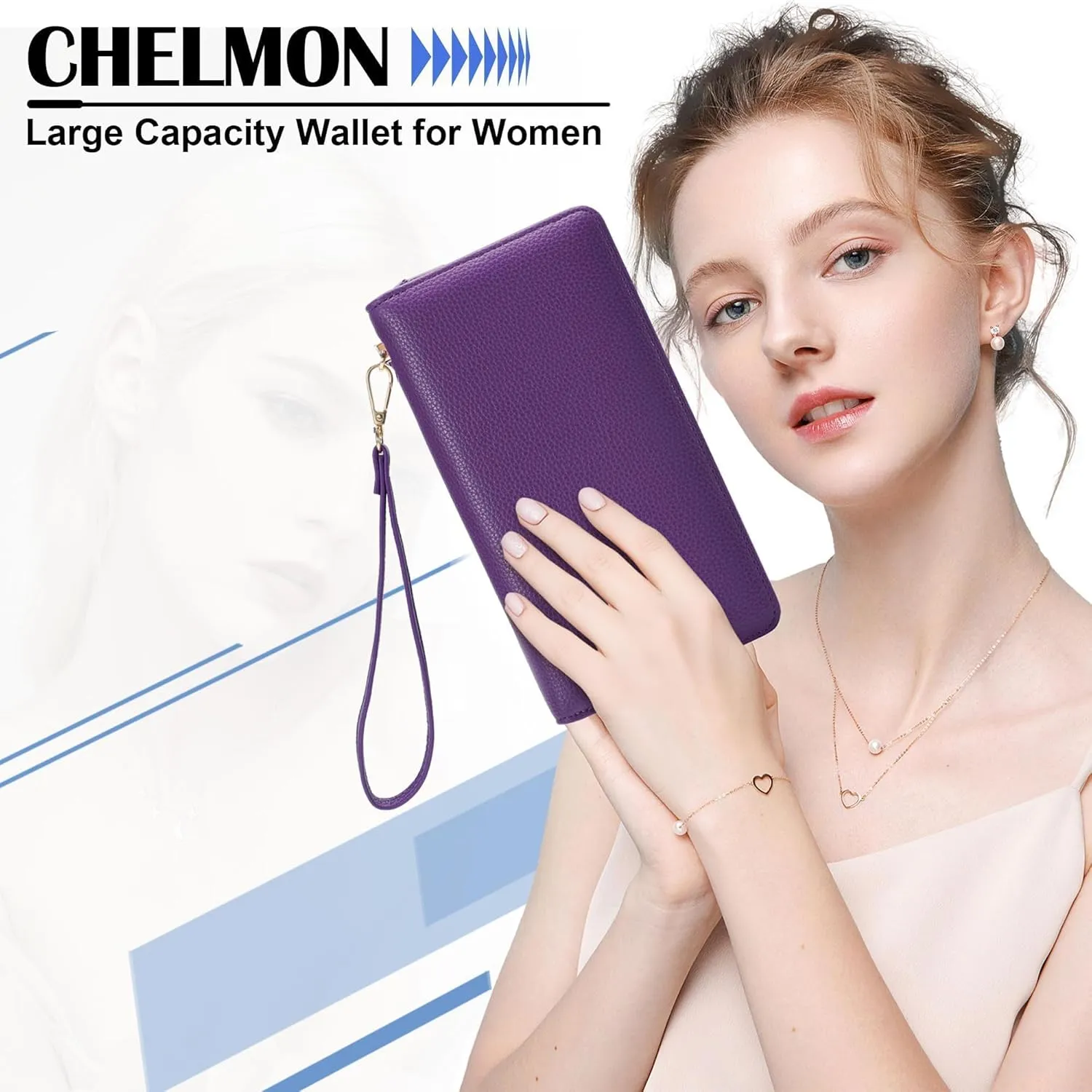 Chelmon Women's Vegan Leather Clutch Wallet with Zip, Hand Strap, Large Capacity