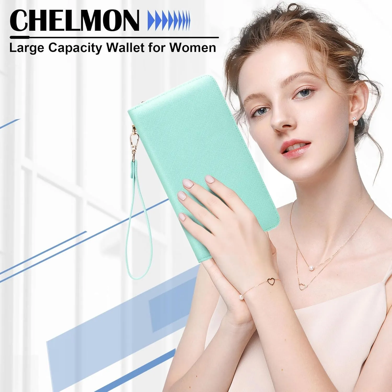 Chelmon Women's Vegan Leather Clutch Wallet with Zip, Hand Strap, Large Capacity