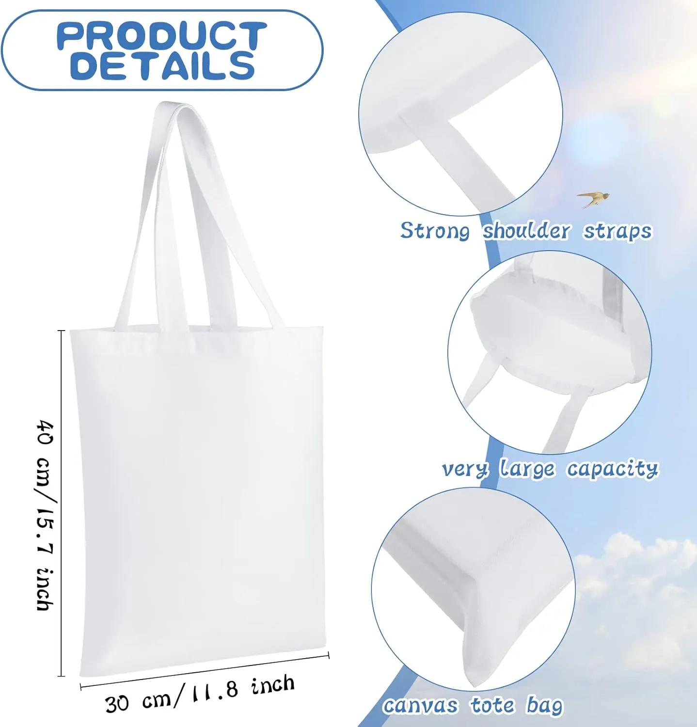 CHENGU 12 Pack Sublimation Tote Bags Blank Canvas Bag Reusable Grocery 15.7x12 Inch Washable Heat Transfer Bulk DIY Craft(White)