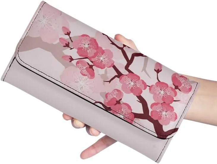 Cherry Blossom Pink Women Wallet Cartoon Peach Blossom PU Leather Trifold Large Money Manager Pink Flower Women's Long Trifold Wallet Leather Card Holder Purse