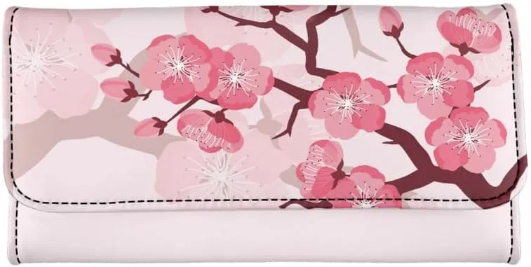 Cherry Blossom Pink Women Wallet Cartoon Peach Blossom PU Leather Trifold Large Money Manager Pink Flower Women's Long Trifold Wallet Leather Card Holder Purse