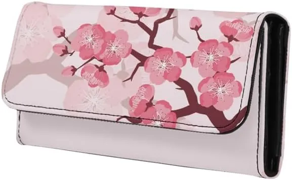 Cherry Blossom Pink Women Wallet Cartoon Peach Blossom PU Leather Trifold Large Money Manager Pink Flower Women's Long Trifold Wallet Leather Card Holder Purse