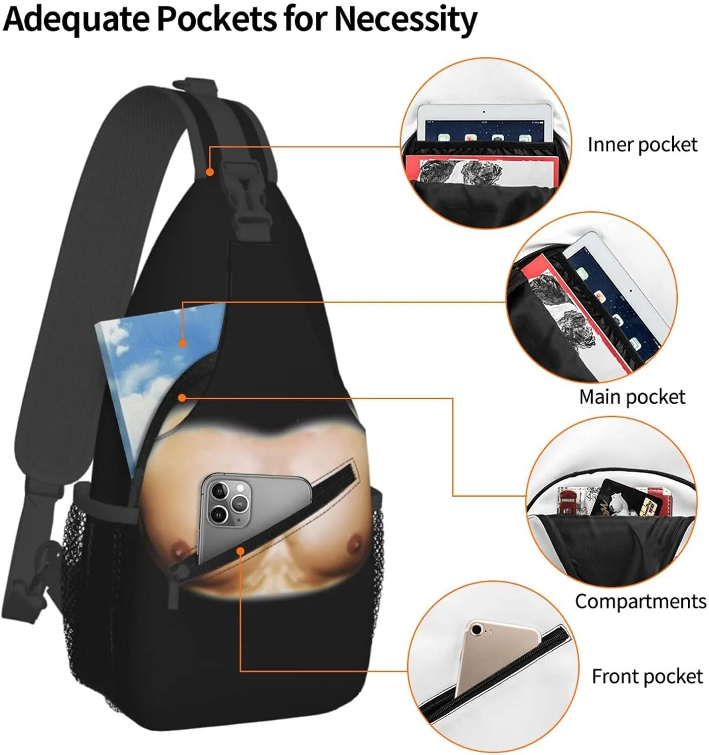 Chest Muscles Bodybuilder Crossbody Bag Cross Chest Bag Adjustable Sling Backpack Sports Gym Shoulder Bags Travel Cycling Daypack Diagonally Casual Rucksack