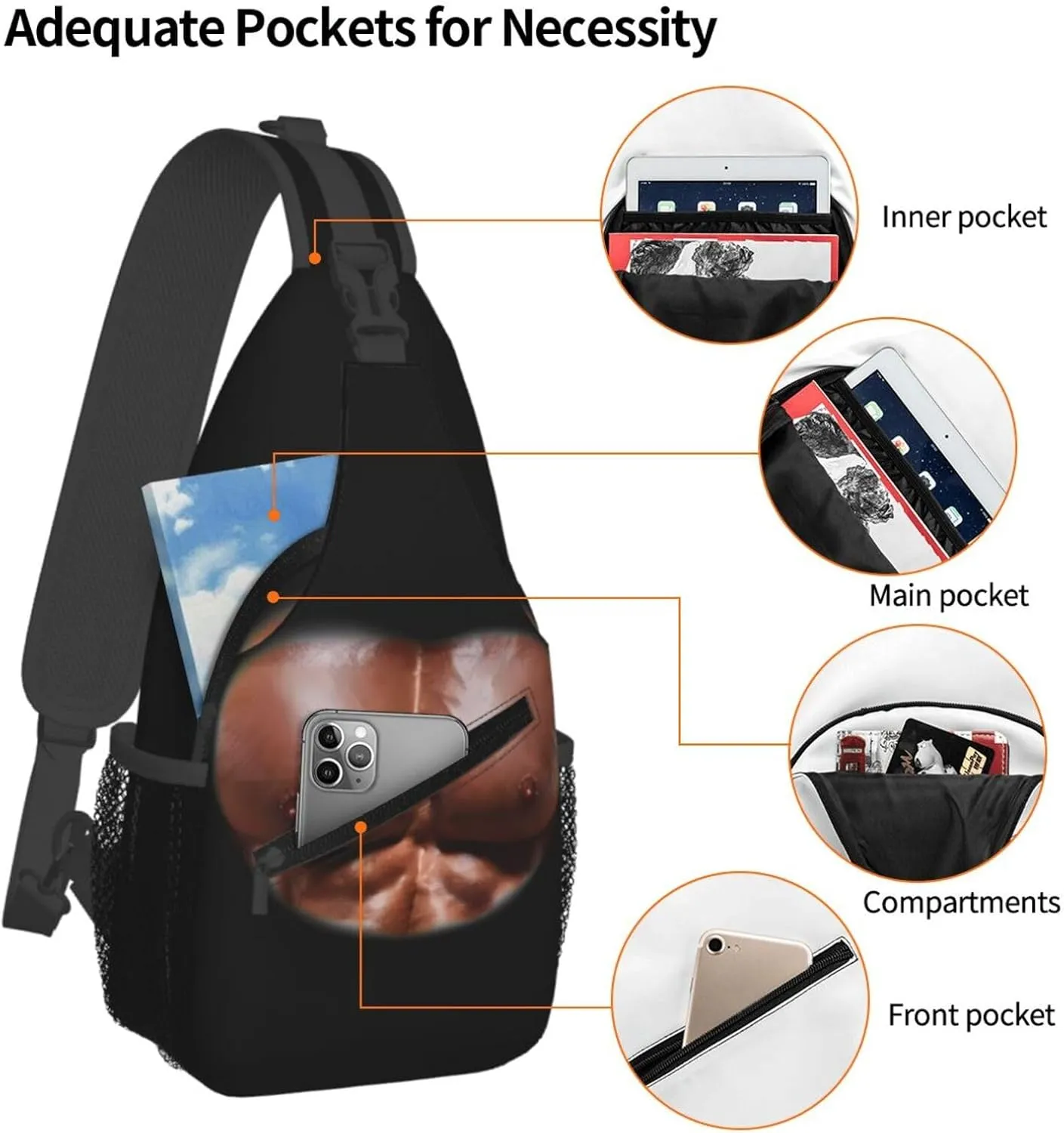 Chest Muscles Bodybuilder Crossbody Bag Cross Chest Bag Adjustable Sling Backpack Sports Gym Shoulder Bags Travel Cycling Daypack Diagonally Casual Rucksack