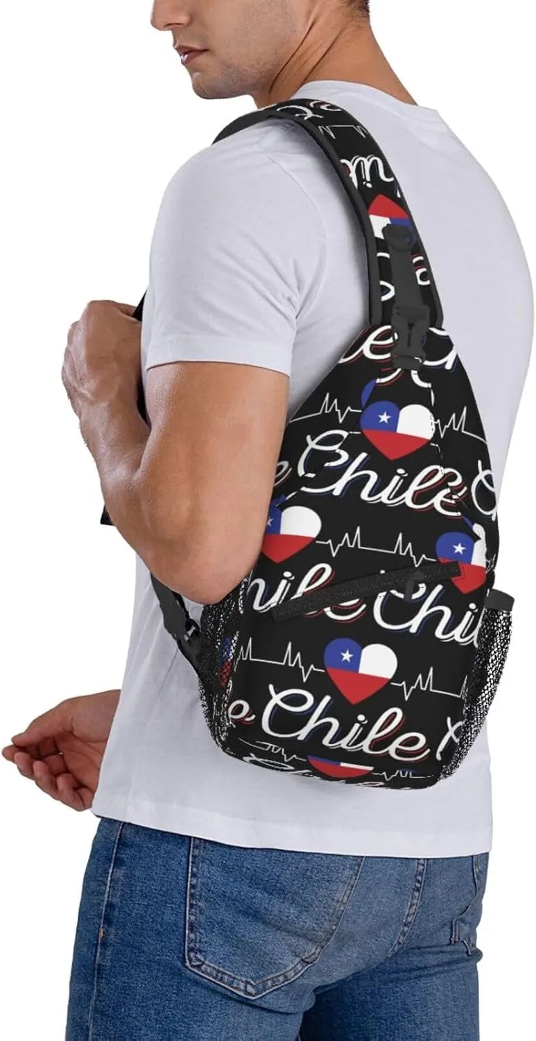 Chile Chilean Flag Hearts Beats Crossbody Bags Sling Backpack Cross Chest Bag Sports Shoulder Bag Gym Fanny Pack Adjustable Cycling Daypack Diagonally Rucksack for Running