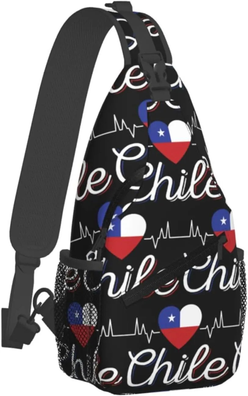 Chile Chilean Flag Hearts Beats Crossbody Bags Sling Backpack Cross Chest Bag Sports Shoulder Bag Gym Fanny Pack Adjustable Cycling Daypack Diagonally Rucksack for Running
