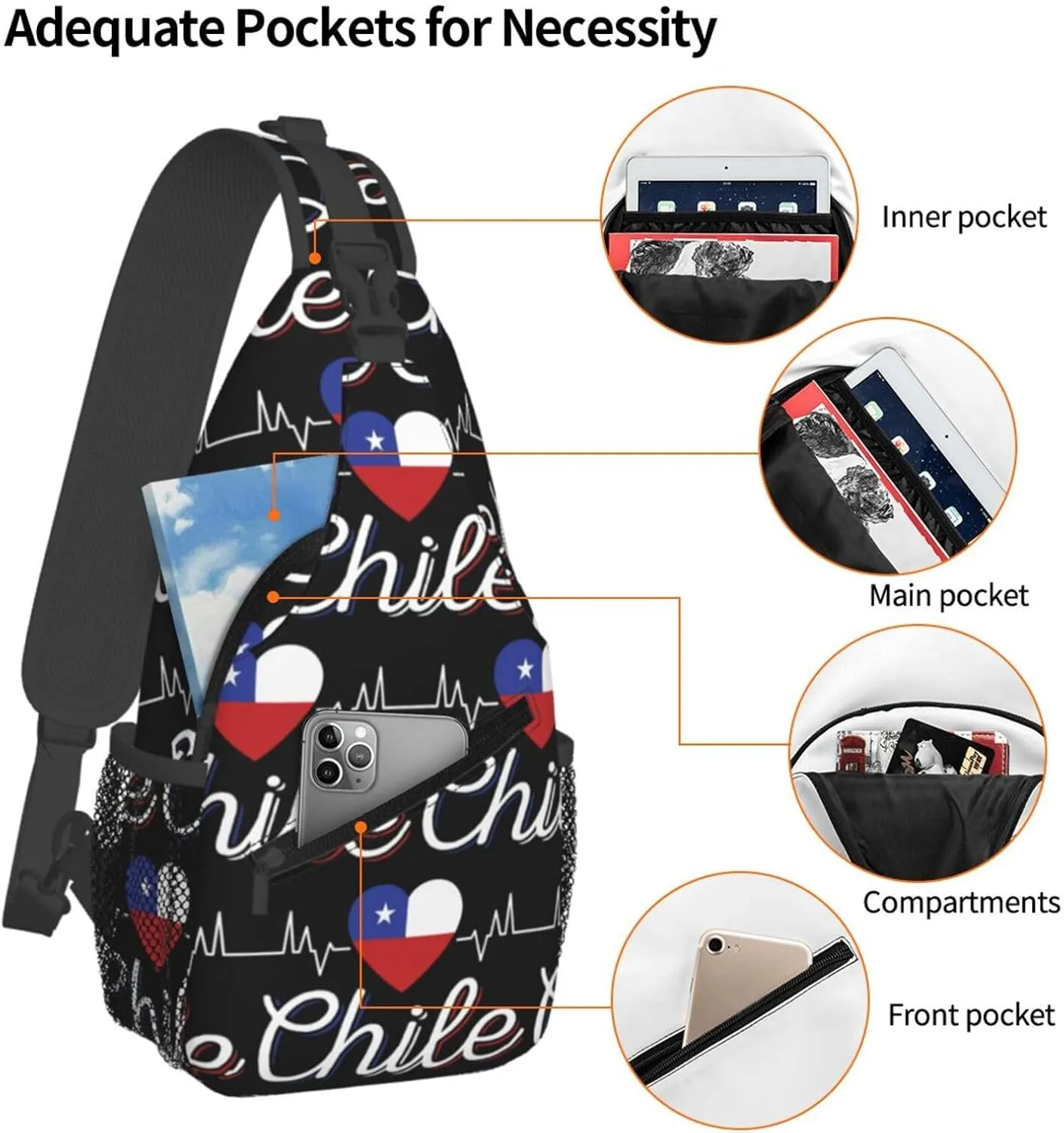 Chile Chilean Flag Hearts Beats Crossbody Bags Sling Backpack Cross Chest Bag Sports Shoulder Bag Gym Fanny Pack Adjustable Cycling Daypack Diagonally Rucksack for Running