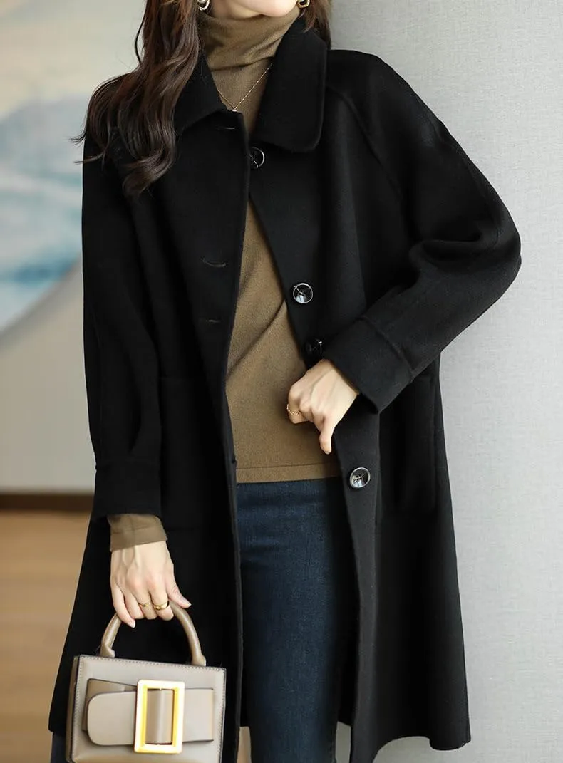 chouyatou Women's Single Breasted Wool Coat Business Office Work Long Winter Pea Coat with Pockets
