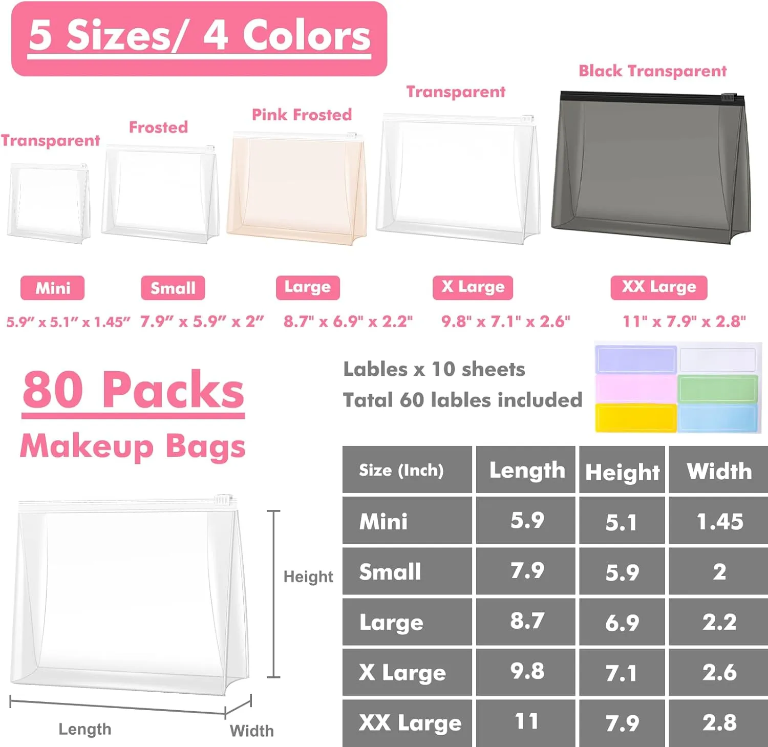Circloophs 80 Pack Large Clear Makeup Bag Organizer Cosmetic Zipper Pouch Travel Pouches for Toiletries Transparent EVA Reusable Wash Bags Waterproof Plastic Clear Gift Bags Bulk, 11 x 7.9 x 2.8 In