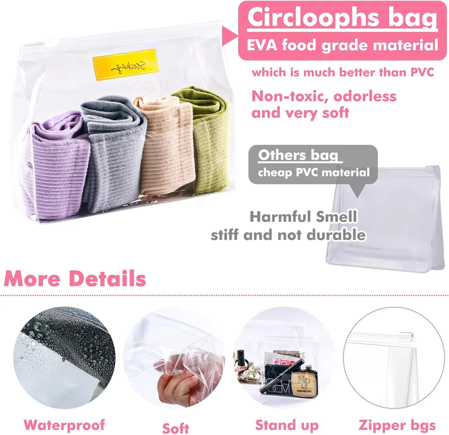 Circloophs 80 Pack Large Clear Makeup Bag Organizer Cosmetic Zipper Pouch Travel Pouches for Toiletries Transparent EVA Reusable Wash Bags Waterproof Plastic Clear Gift Bags Bulk, 11 x 7.9 x 2.8 In