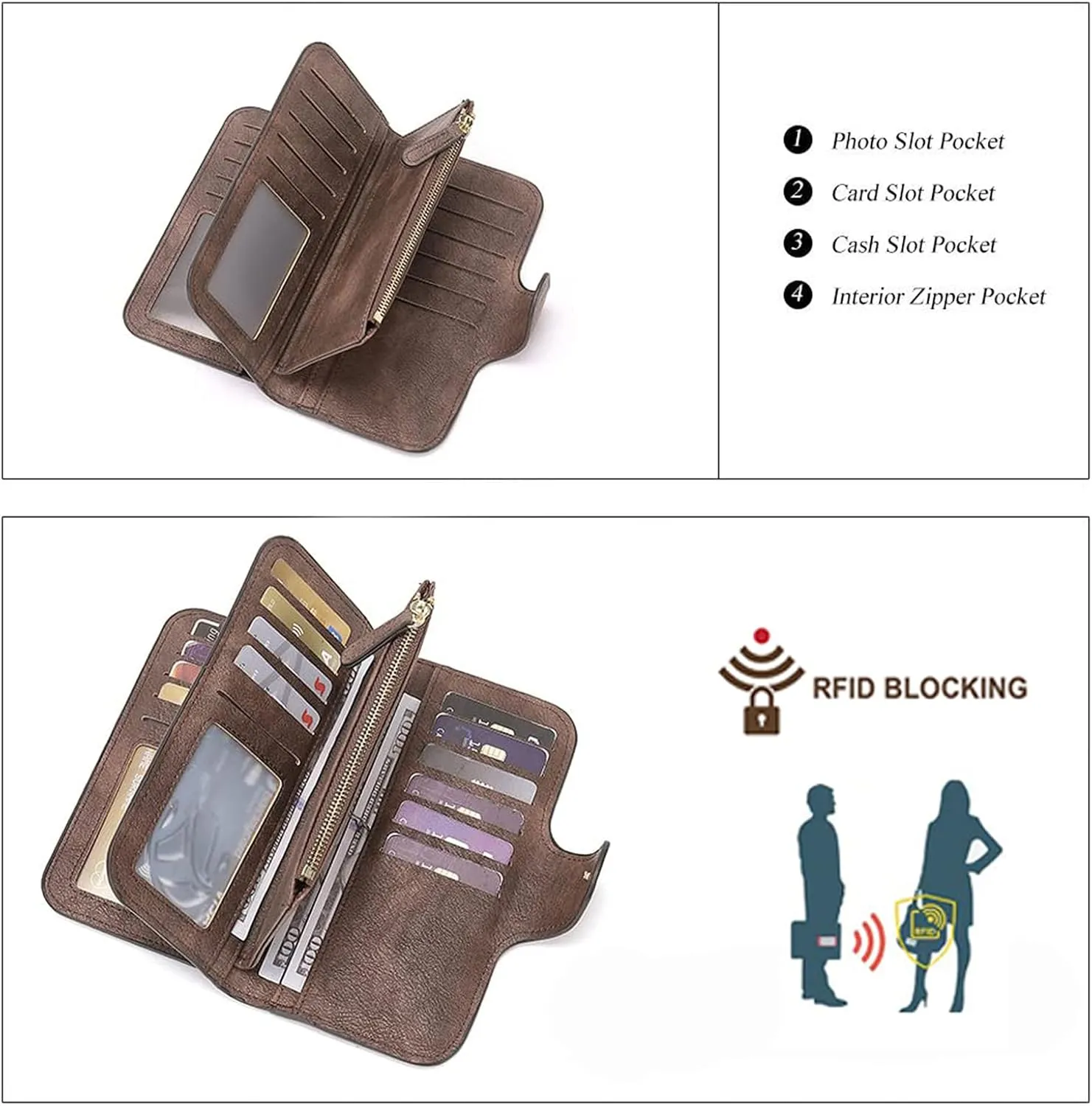 CLUCI Women Wallet Leather RFID Blocking Designer Trifold Card Holder Ladies Clutch with ID Window