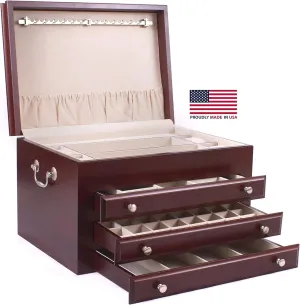 Co. #J03C Majestic- 3 Drawer Jewelry Chest, Solid Cherry, Made in the USA, Heritage Cherry finish