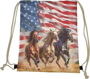 COEQINE 4th Of July Themes Drawstring Bag Horse Drawstring Bag Large Capacity Running Animal Bookbag for School