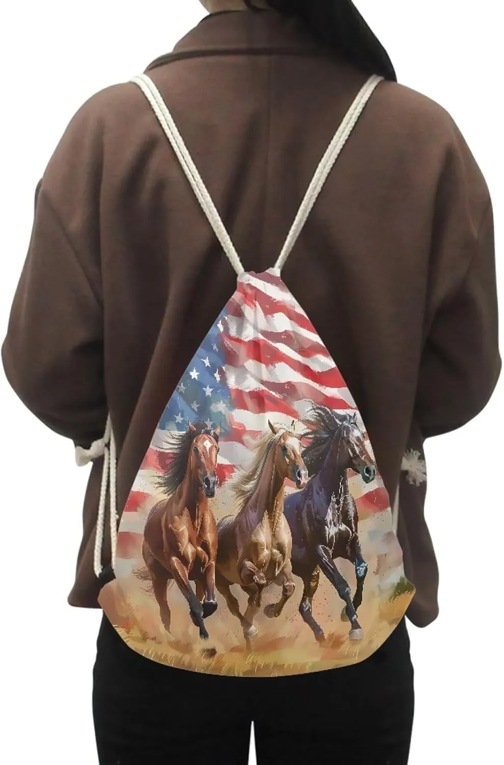 COEQINE 4th Of July Themes Drawstring Bag Horse Drawstring Bag Large Capacity Running Animal Bookbag for School