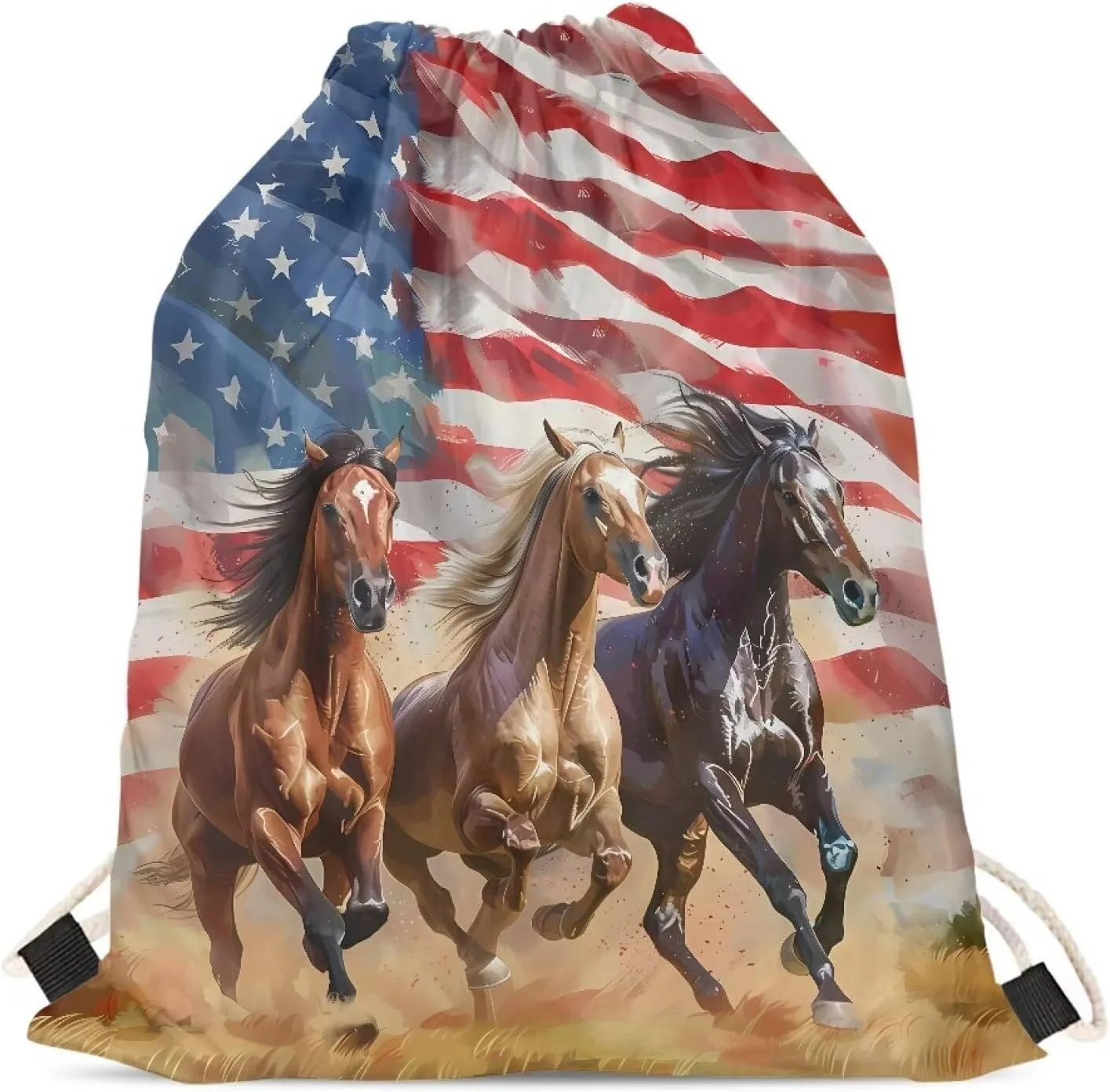 COEQINE 4th Of July Themes Drawstring Bag Horse Drawstring Bag Large Capacity Running Animal Bookbag for School