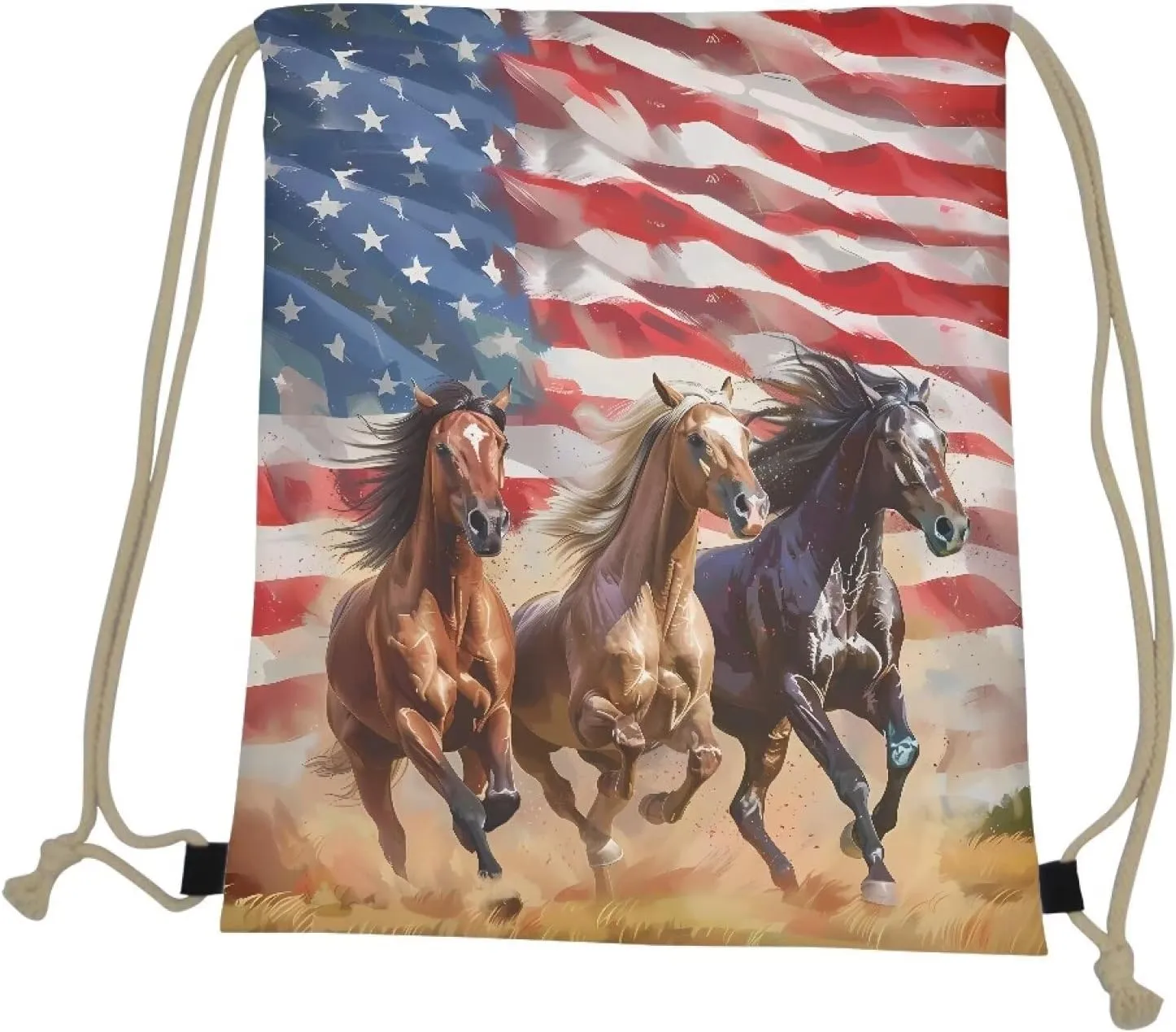 COEQINE 4th Of July Themes Drawstring Bag Horse Drawstring Bag Large Capacity Running Animal Bookbag for School