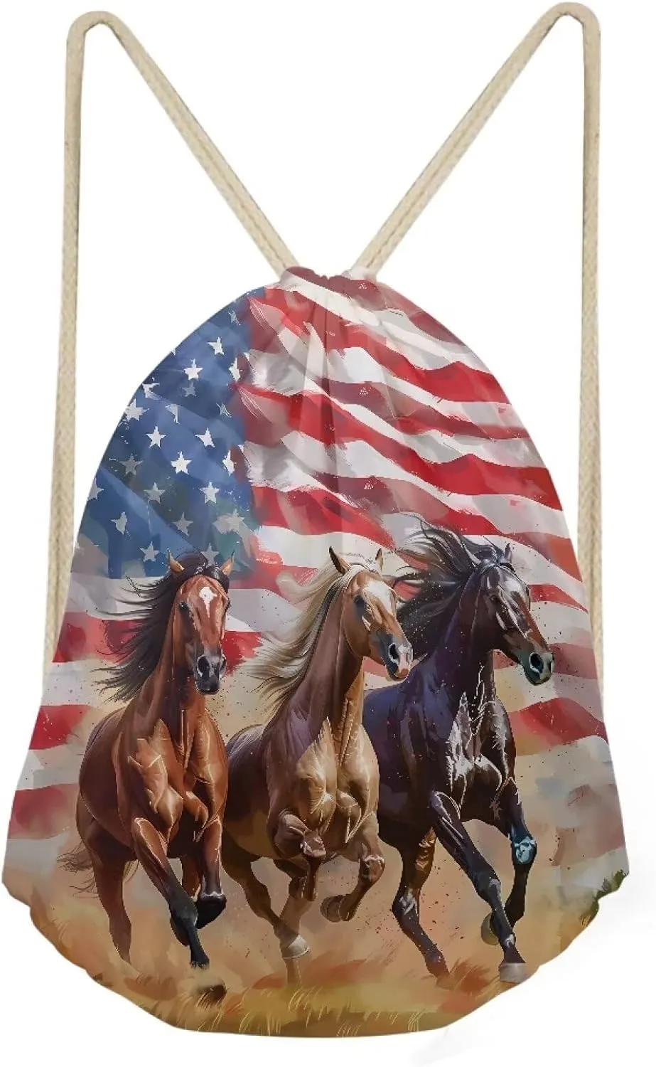 COEQINE 4th Of July Themes Drawstring Bag Horse Drawstring Bag Large Capacity Running Animal Bookbag for School